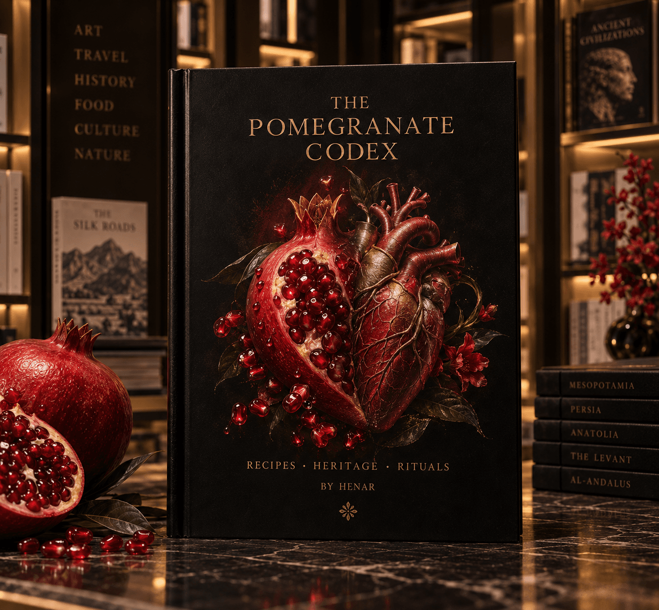 The Pomegranate Codex, a black gold-lettered book standing on marble beside a halved pomegranate